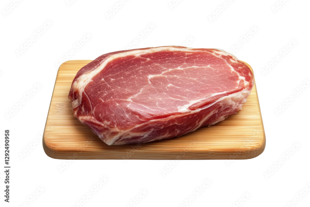 Piece of meat is on a wooden cutting board, isolated Piece of meat is on a wooden cutting board, isolated
