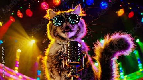 Cat wearing sunglasses singing in front of a microphone with colorful stage lights and vivid atmosphere. Entertainment and music show concept