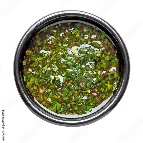 Chimichurri Sauce in Black Ceramic Bowl, Fresh Green Herb Sauce on Black Background, Argentinian Cuisine Condiment