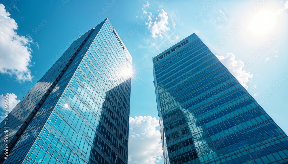 Two tall modern glass skyscrapers against a blue sky with white clouds Two tall modern glass skyscrapers against a blue sky with white clouds