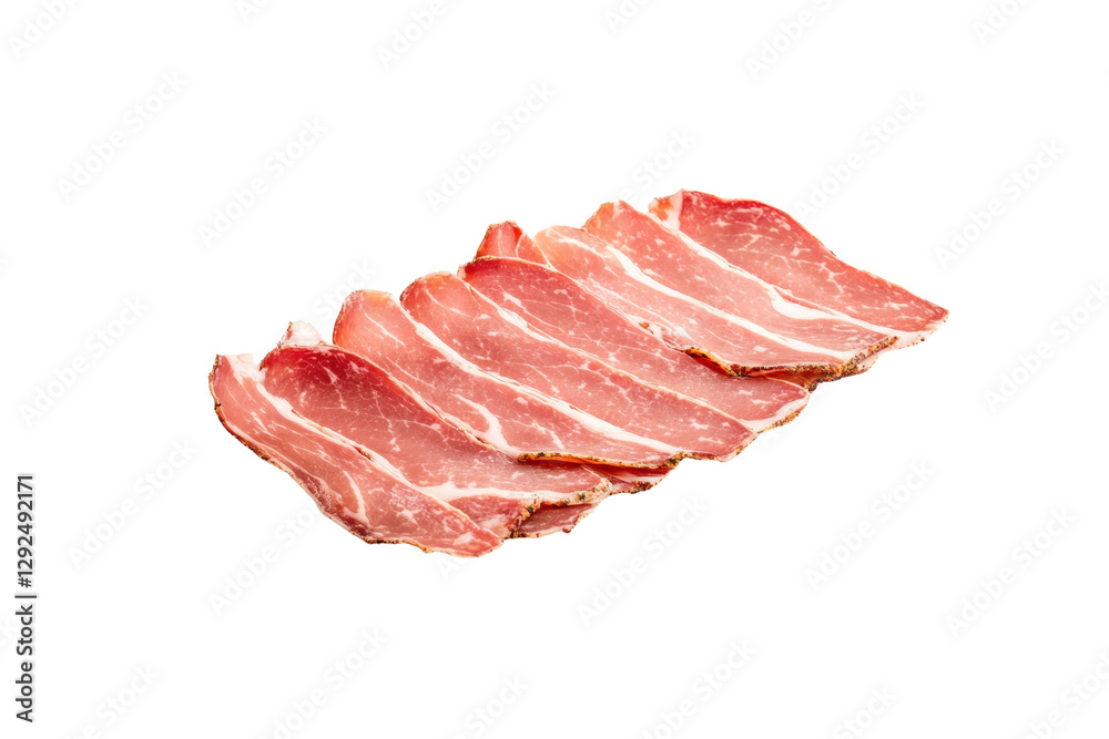 Piece of meat is sliced into six pieces, isolated Piece of meat is sliced into six pieces, isolated
