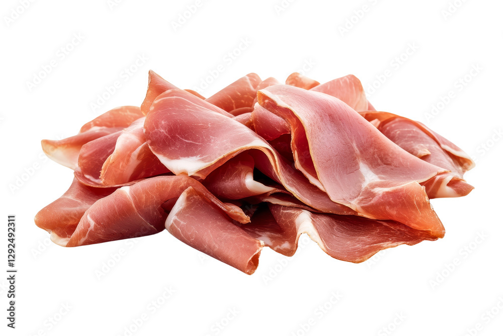 Pile of ham slices on a white background, isolated Pile of ham slices on a white background, isolated