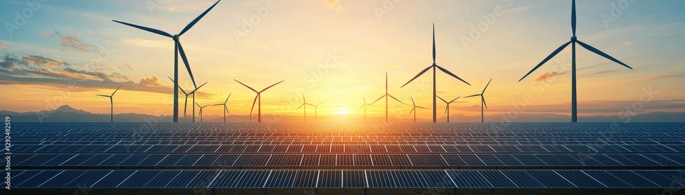Renewable energy sources with wind turbines and solar panels at sunset. Renewable energy sources with wind turbines and solar panels at sunset.