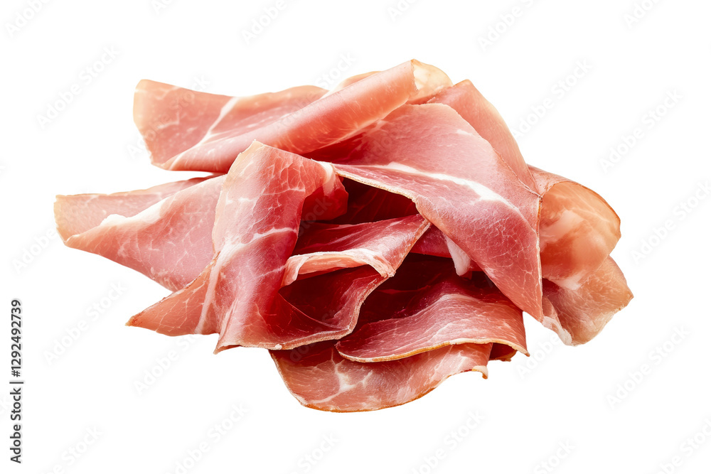 Pile of ham slices on a white background, isolated Pile of ham slices on a white background, isolated
