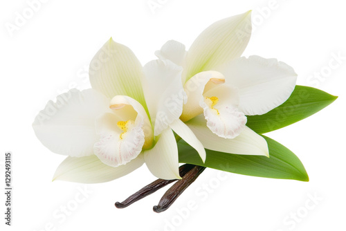 Two white flowers with green leaves and a vat of vanilla extract, isolated