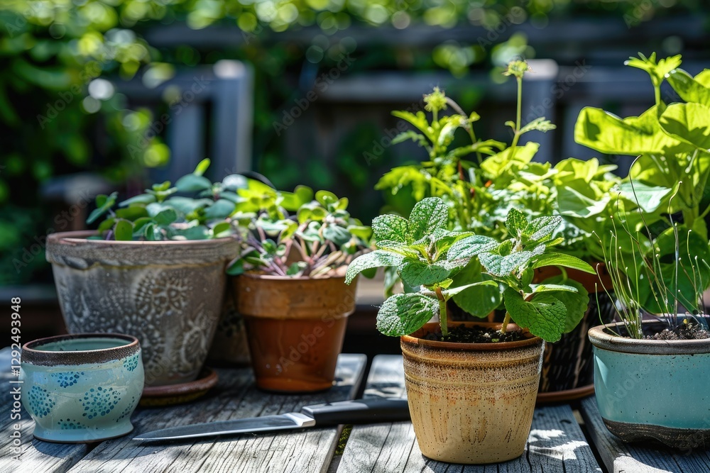 High Resolution Picture of a Garden Table with Pots and Plants on it and a Knife on the Table High Resolution Picture of a Garden Table with Pots and Plants on it and a Knife on the Table
