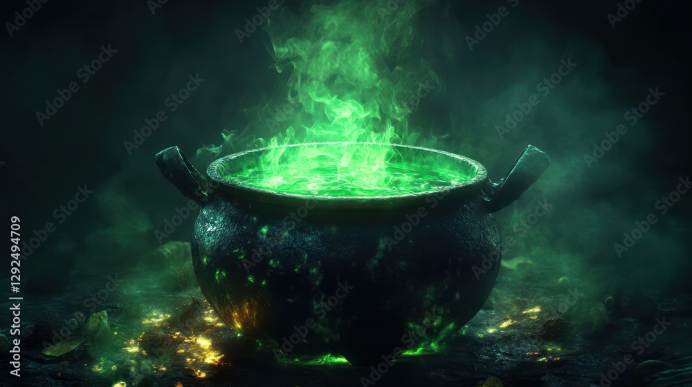 Green potion boils in cauldron, spooky forest, Halloween Green potion boils in cauldron, spooky forest, Halloween