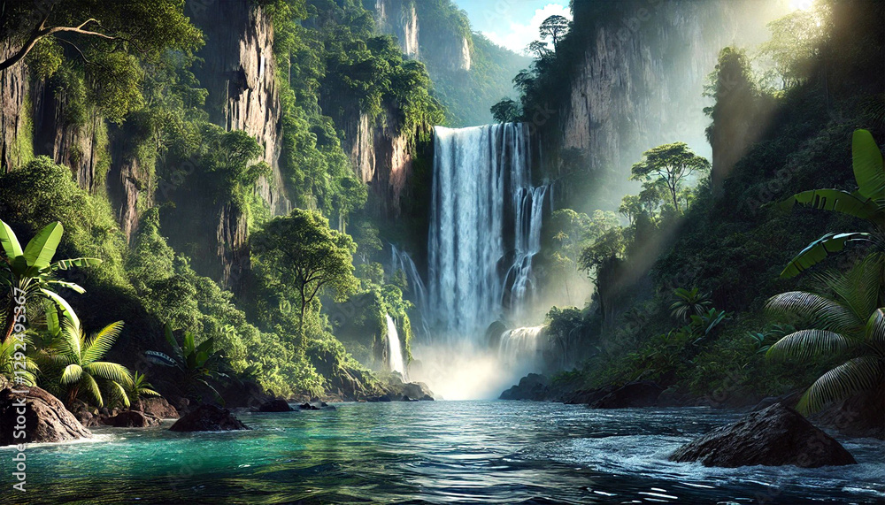Majestic Waterfall Flowing Through Lush Green Jungle with Misty Atmosphere Majestic Waterfall Flowing Through Lush Green Jungle with Misty Atmosphere