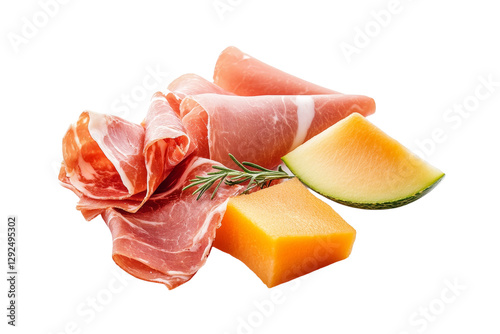 Ham and cheese sandwich with a slice of melon on top, isolated