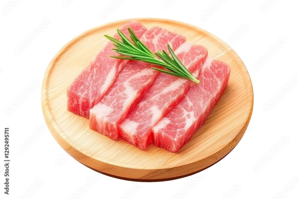 Plate of meat with a few sprigs of rosemary on top, isolated Plate of meat with a few sprigs of rosemary on top, isolated