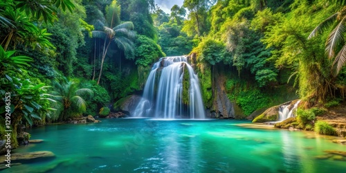 Tropical waterfall surrounded by lush greenery and flowing into a crystal clear pool, tropical, waterfall, lush, greenery, water