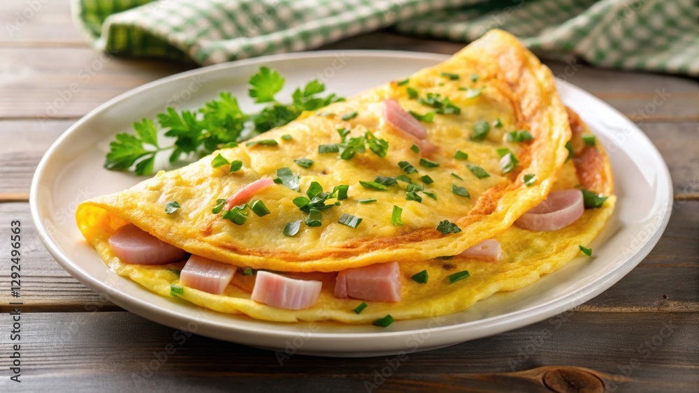 Fluffy homemade ham and cheese omelette on a white plate , breakfast, homemade, eggs, cheese, ham, omelette, food, delicious, plate Fluffy homemade ham and cheese omelette on a white plate , breakfast, homemade, eggs, cheese, ham, omelette, food, delicious, plate