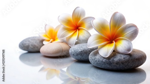 Close-up of spa stones with frangipani flowers on white background, spa stones, frangipani, flowers, wellness, relaxation, health