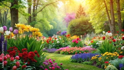 Wallpaper Mural Lush greenery and colorful flowers blooming in a lovely spring garden, spring, garden, flowers, nature, blooming, lush Torontodigital.ca