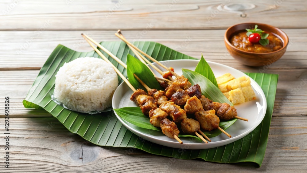Chicken and lamb satay skewers served with traditional ketupat rice on a white plate ,  satay, skewers