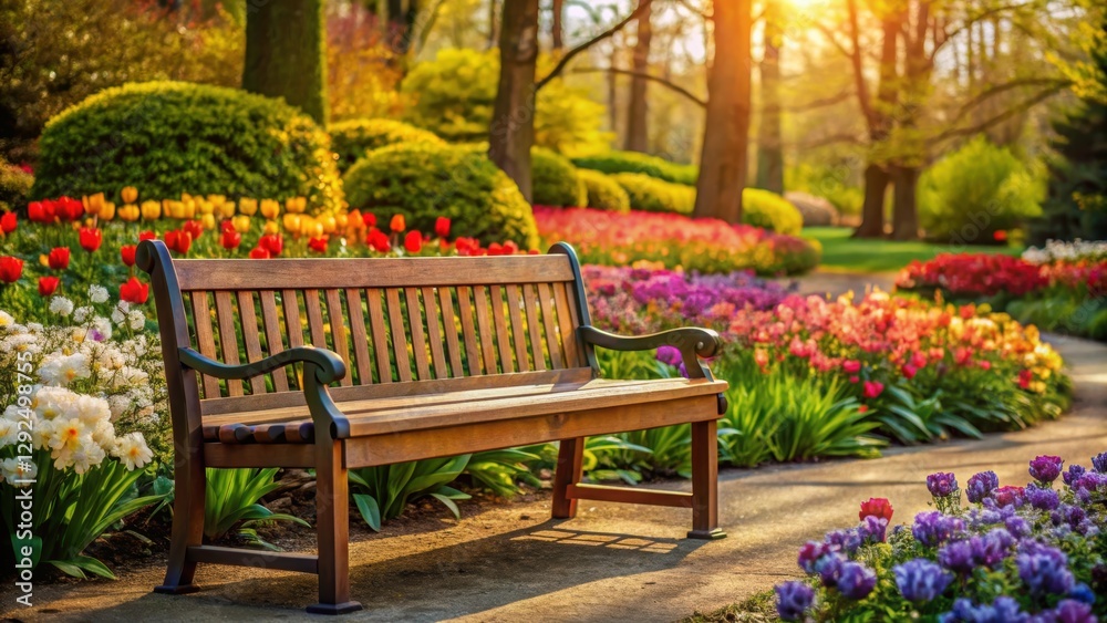 A wooden bench surrounded by blooming flowers in a lush spring park , bench, spring, park, flowers, nature, relaxing, outdoor A wooden bench surrounded by blooming flowers in a lush spring park , bench, spring, park, flowers, nature, relaxing, outdoor