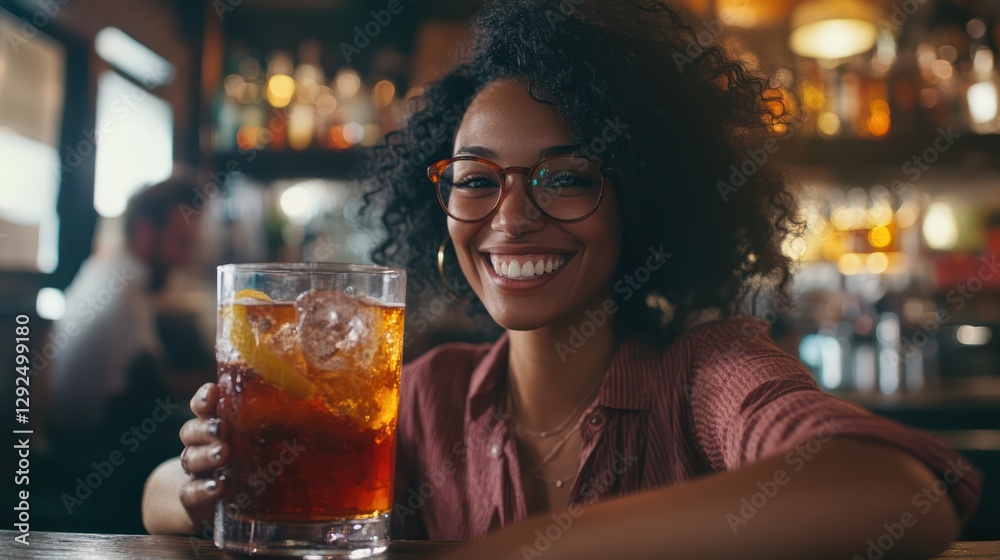 Happy woman holding iced tea at bar, blurred background Happy woman holding iced tea at bar, blurred background