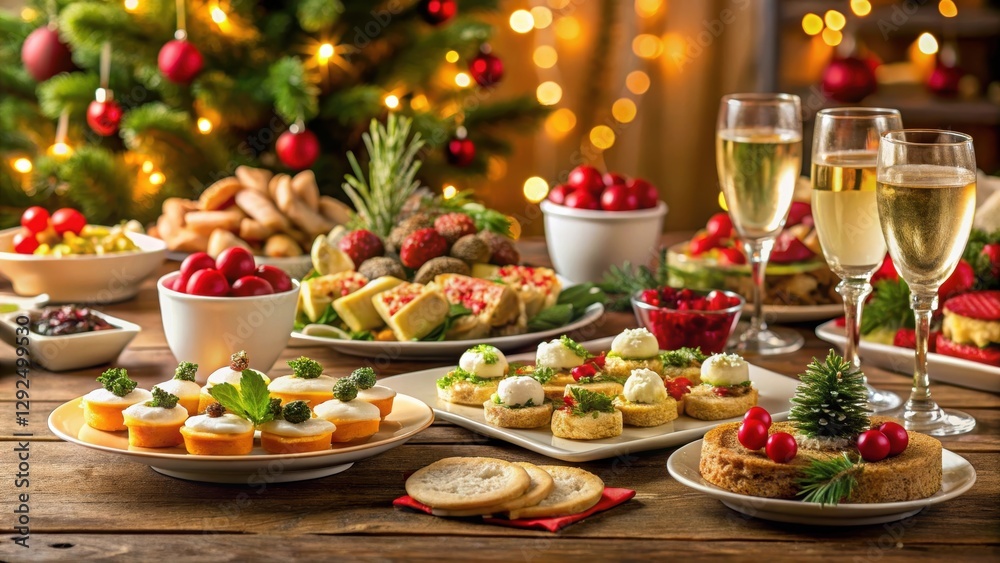 Assorted holiday appetizers on a festive table setting, appetizers, holiday, party, finger food, hors d'oeuvres Assorted holiday appetizers on a festive table setting, appetizers, holiday, party, finger food, hors d'oeuvres