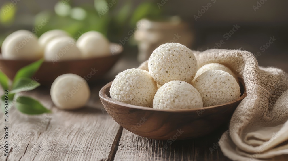 Spherical cheese balls sit in wooden bowls on table Spherical cheese balls sit in wooden bowls on table