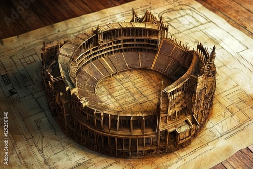 Detailed blueprint of a grand Shakespearean theater in Europe.