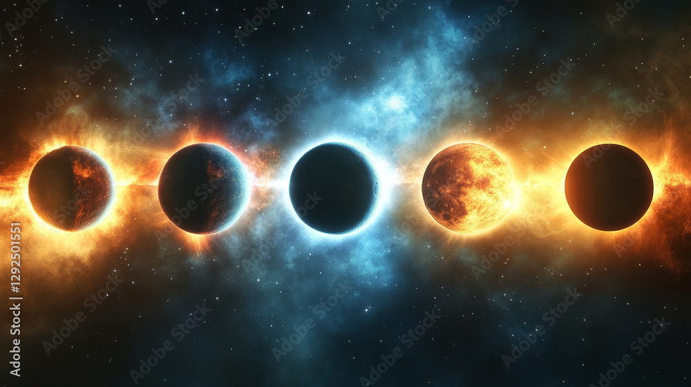 Obraz premium Sun and moon in solar eclipse in different phases. Outer space with total and partial solar eclipse, stars and smoke isolated on transparent background, vector realistic illustration