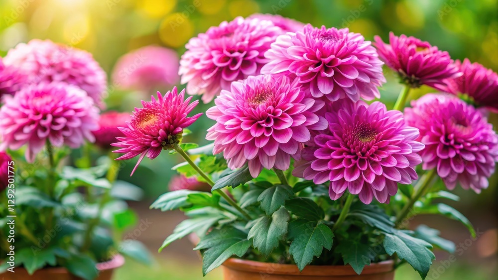 Fototapeta premium Pink chrysanthemum potted plant with vibrant blooms on green leaves background , flowers, floral, gardening, nature, pink