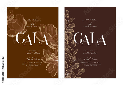 Charity gala dinner invitation features flowing, translucent flowers and leaves on rich brown and gold background, creating a sophisticated and classic