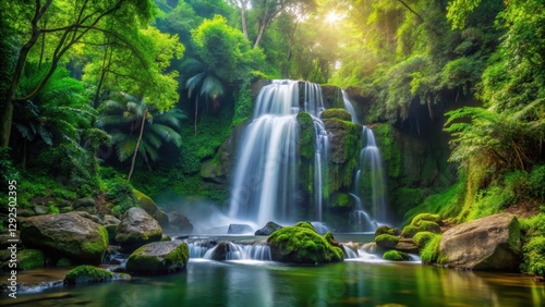 Enchanting waterfall cascading down rocks in lush green jungle setting, waterfall, green, forest, nature, jungle, scenic