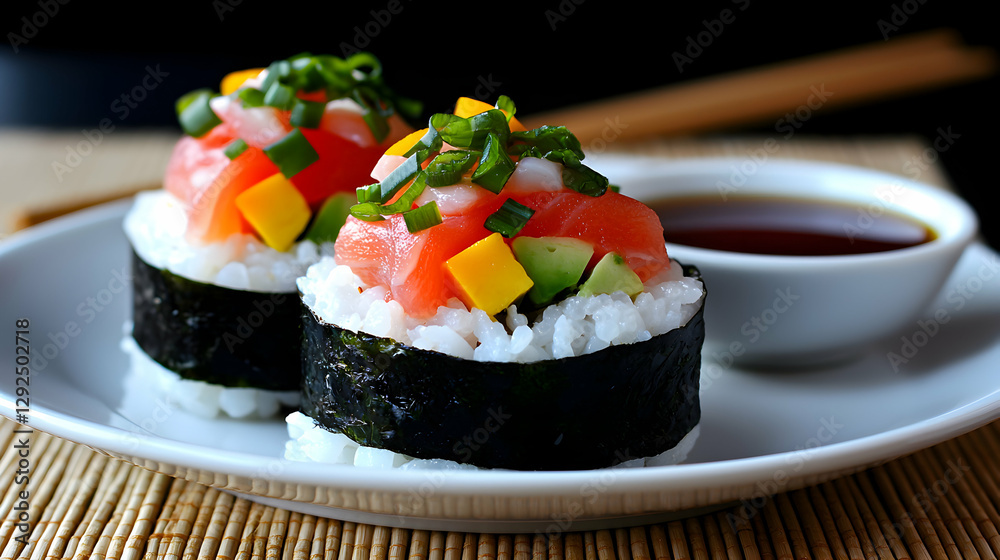 Colorful Salmon Sushi Rolls with Avocado and Mango on White Plate Colorful Salmon Sushi Rolls with Avocado and Mango on White Plate