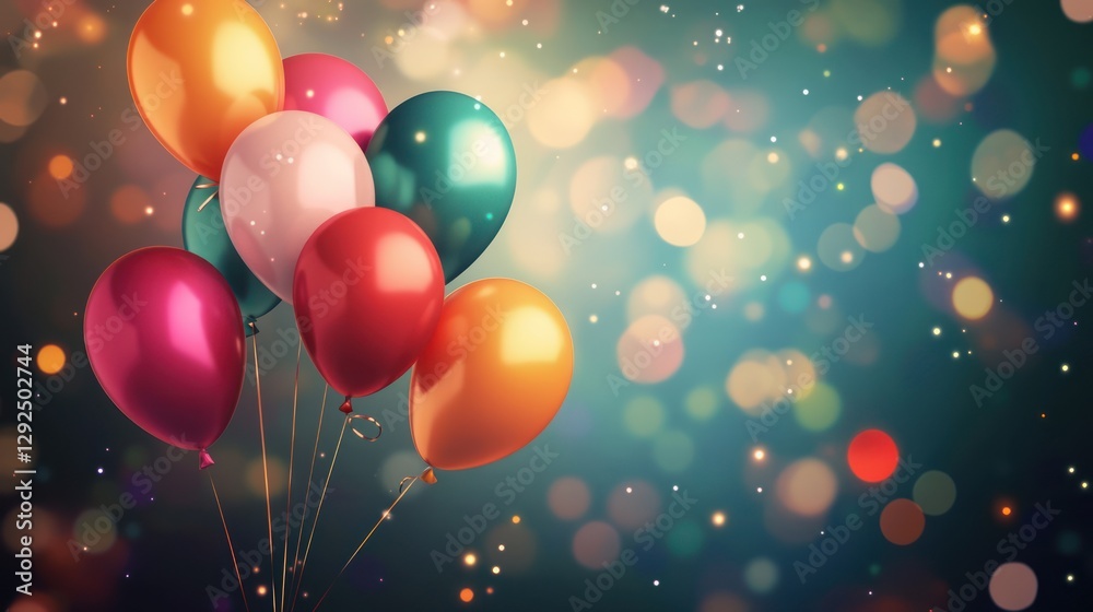 Colorful balloons floating, bokeh background, celebration, party, festive design Colorful balloons floating, bokeh background, celebration, party, festive design