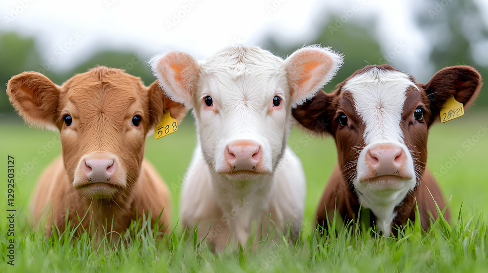 Three calves in pasture, rural scene, farm animals Three calves in pasture, rural scene, farm animals
