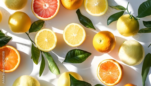 Fresh citrus fruits, overhead arrangement, sunlight, leaves photo