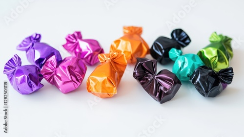 Colorful foil-wrapped candies scattered on white background, studio shot, sweet treats, food photography