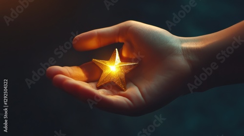 Glowing star held in hand, dark background, hope concept, holiday use