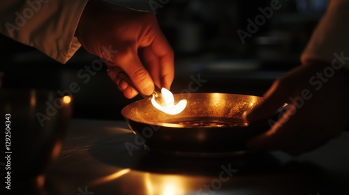 Chef ignites flamb? in restaurant kitchen