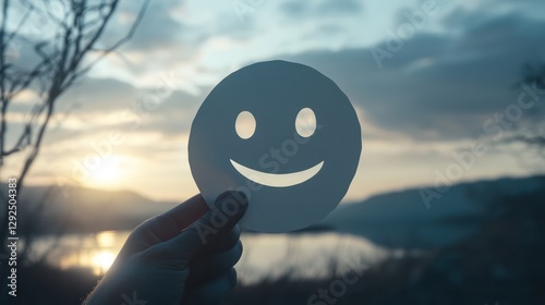 Sunset landscape, hand holding paper smiley face, positive vibes, nature background, wellbeing concept