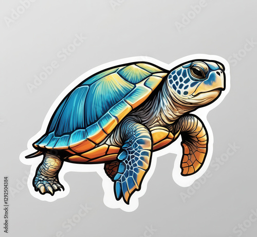 Vivid illustration of a sea turtle swimming amidst a vibrant ocean-themed background featuring splashes of blue and intricate details