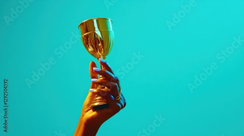Hand holding gold trophy, teal background, success concept, award ceremony