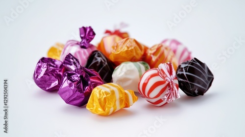 Colorful wrapped hard candies on white background, studio shot, sweet treats, food photography