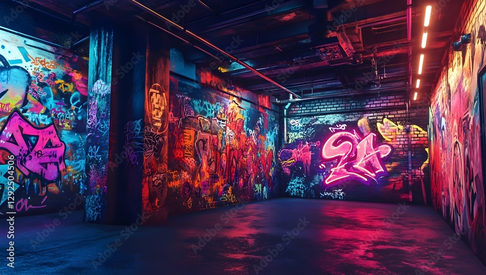 Obraz premium Graffiti-filled urban basement lit by neon lights