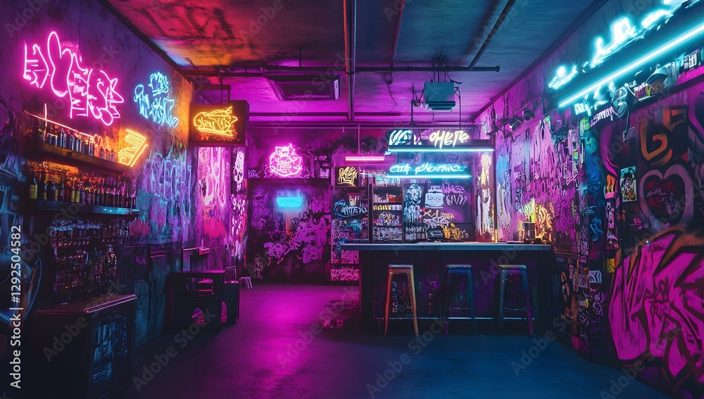 Neon-lit underground bar, graffitied walls, vibrant colors Neon-lit underground bar, graffitied walls, vibrant colors