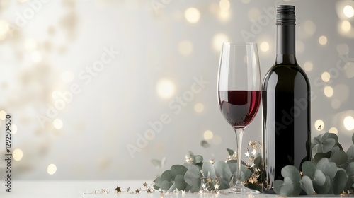 Festive red wine glass bottle bokeh background celebration