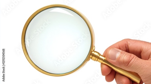 Hand holding magnifying glass, white background, inspection, detail, search