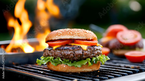 Juicy Grilled Cheeseburger on a Sesame Seed Bun with Tomatoes and Lettuce