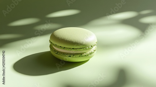 Pistachio macaron, green background, dappled sunlight, minimalist food photography, advertising