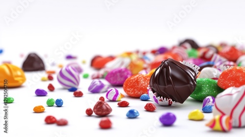 Colorful candies scattered on white background, studio shot, advertising