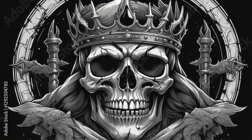 Artistic depiction of a crowned skull surrounded by floral and grunge artistic patterns. Intriguingly dark yet aesthetic illustration, symbolizing concepts like royalty, mortality, beauty, and gothic photo