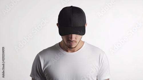 Man wearing black cap, white shirt, studio shot, plain background, apparel mockup