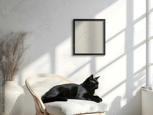 small black cat sleeping in modern livinroom art poster on the wall calming colors bright photorealist picture taken using cannon E70 camera