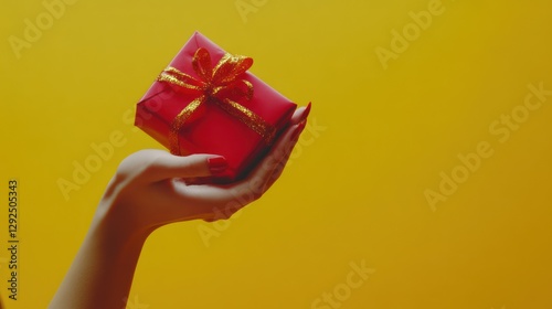Woman's hand holding red gift, yellow background, holiday present, advertising
